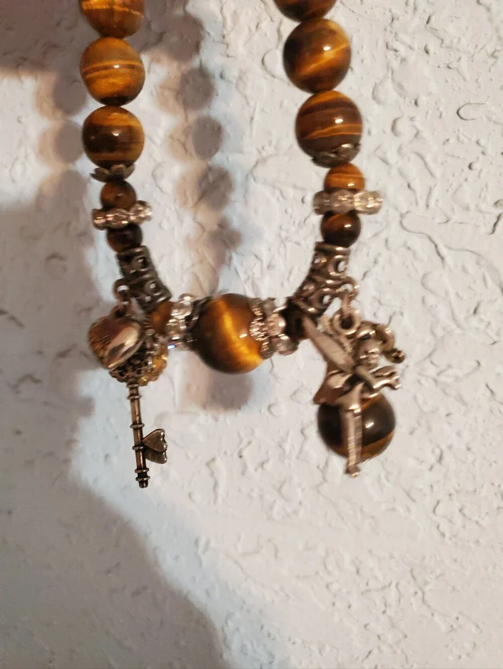 Womens Faux Tiger's Eye Stretchy Beaded Charm Bracelet‎ Brown & Gold